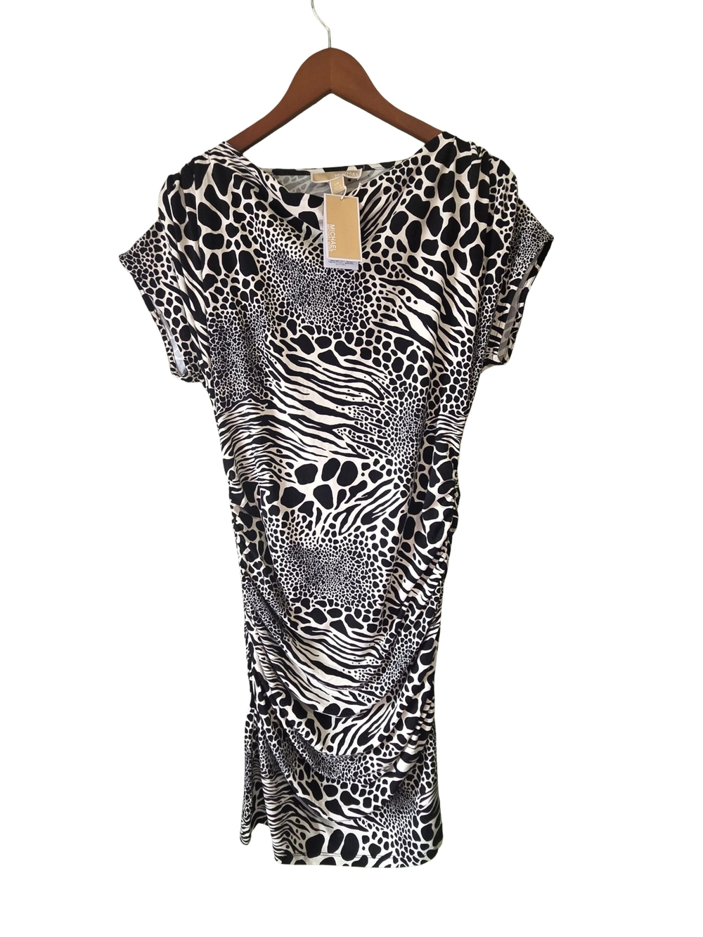 Michael Kors Black & White Animal-Print Ruched Maxi Dress